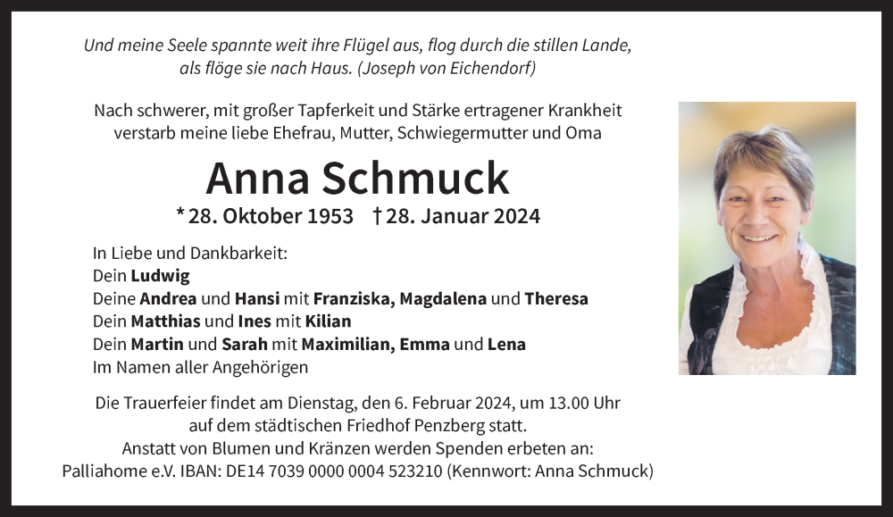  Traueranzeige für Anna Schmuck vom 03.02.2024 aus Das Gelbe Blatt Penzberg