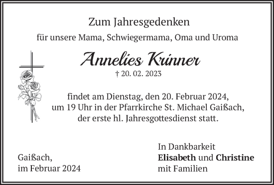 Traueranzeige von Annelies Krinner von merkurtz