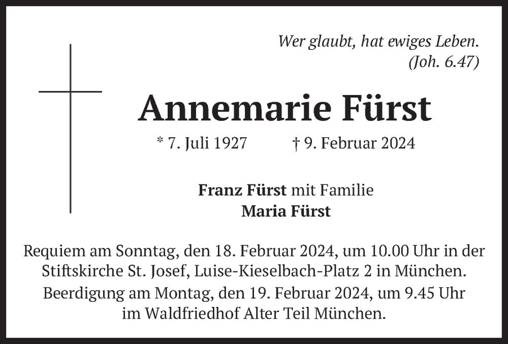  Traueranzeige für Annemarie Fürst vom 17.02.2024 aus merkurtz
