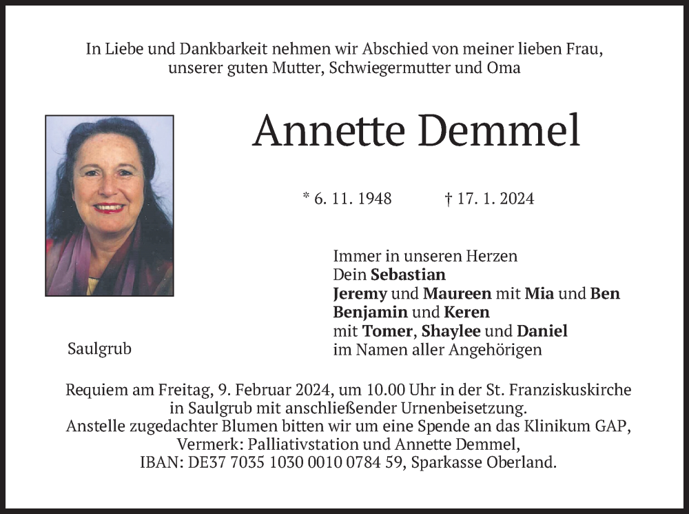  Traueranzeige für Annette Demmel vom 03.02.2024 aus merkurtz
