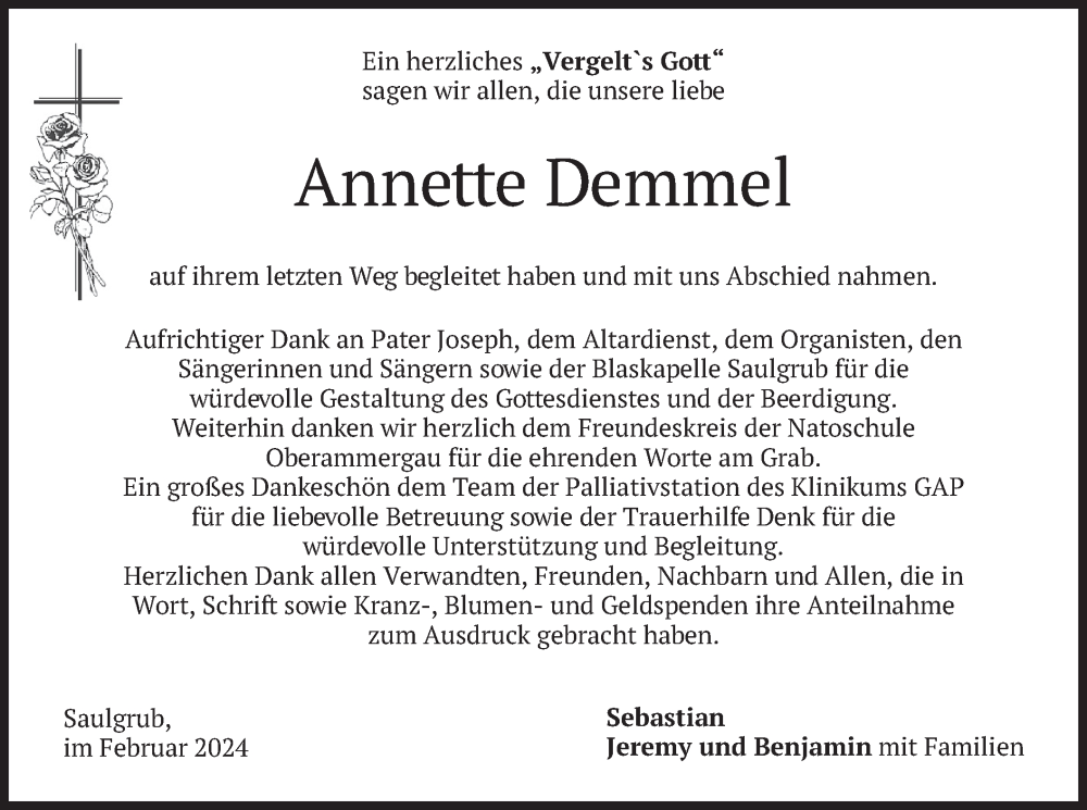  Traueranzeige für Annette Demmel vom 17.02.2024 aus merkurtz
