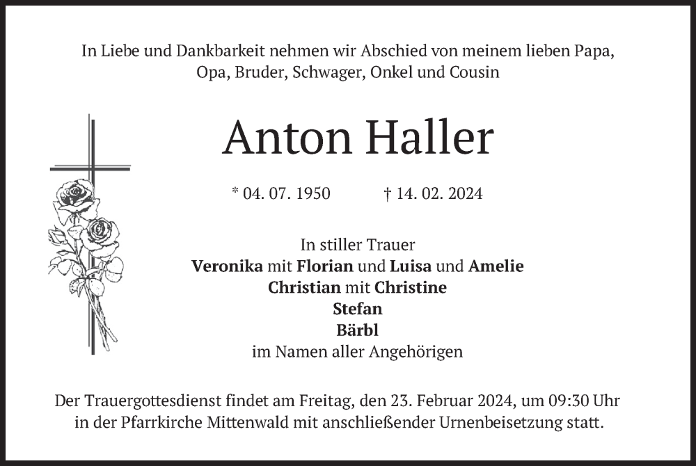  Traueranzeige für Anton Haller vom 17.02.2024 aus merkurtz