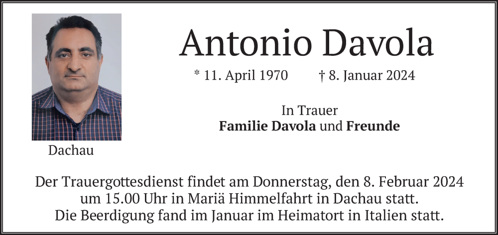  Traueranzeige für Antonio Davola vom 03.02.2024 aus merkurtz