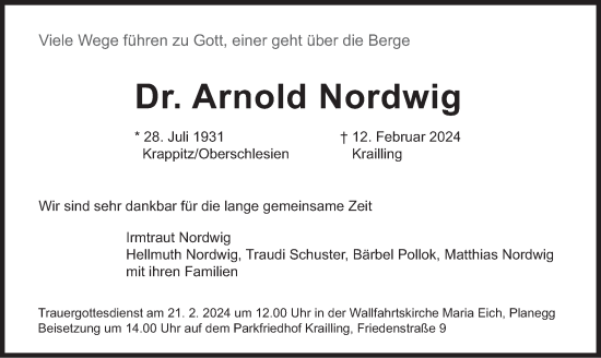 Traueranzeige von Arnold Nordwig von merkurtz