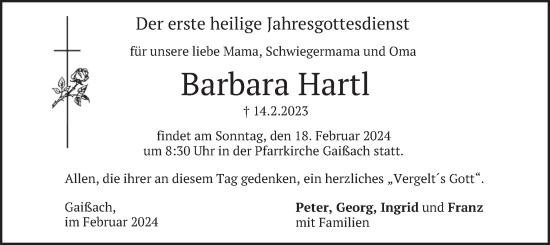 Traueranzeige von Barbara Hartl von merkurtz