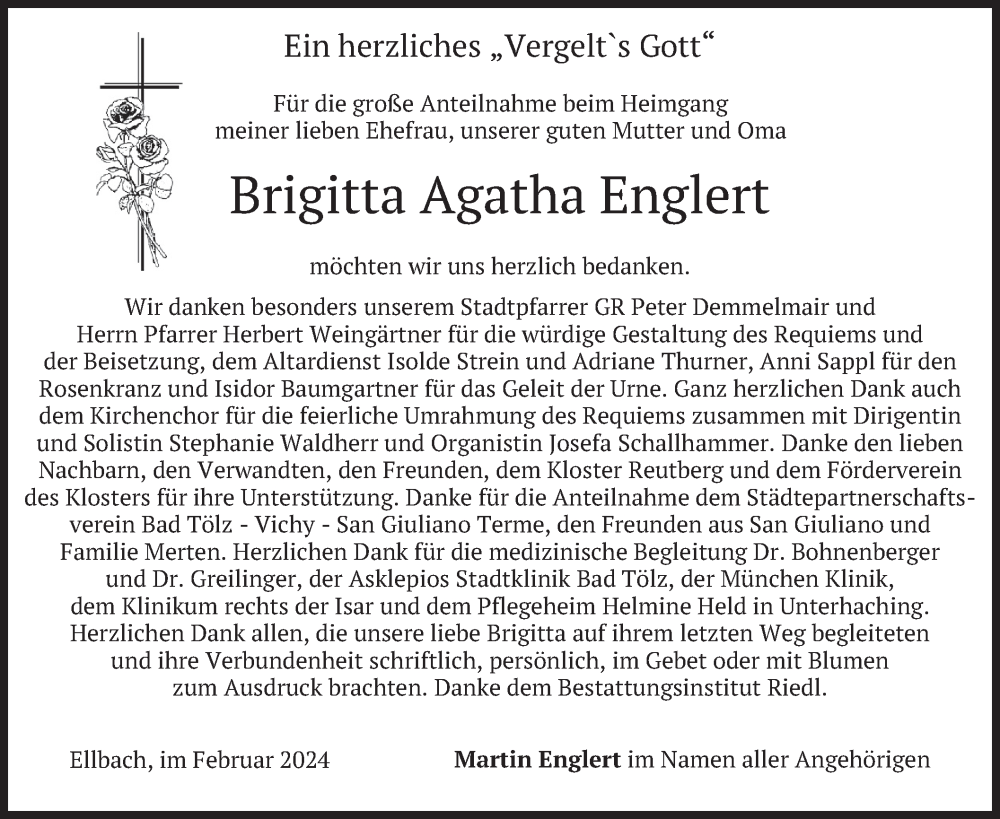  Traueranzeige für Brigitta Agatha Englert vom 17.02.2024 aus merkurtz