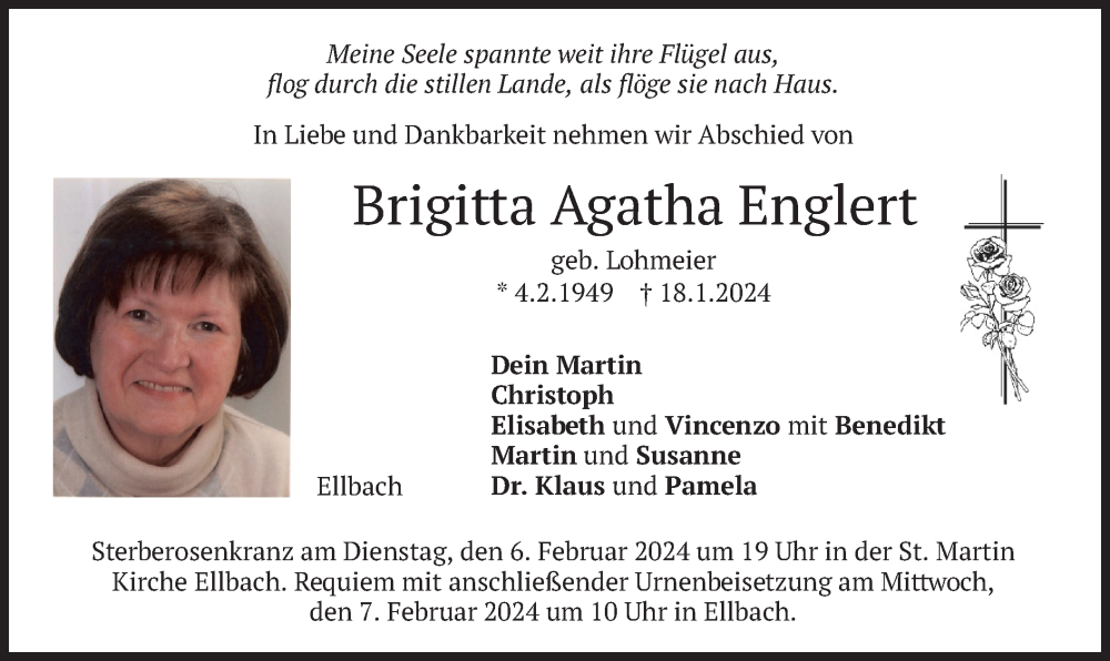  Traueranzeige für Brigitta Agatha Englert vom 03.02.2024 aus merkurtz