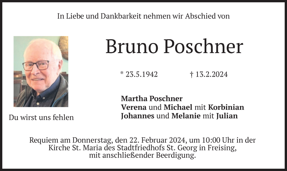  Traueranzeige für Bruno Poschner vom 17.02.2024 aus merkurtz