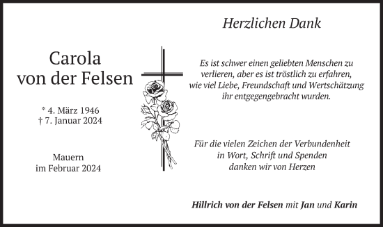 Traueranzeige von Carola von der Felsen von merkurtz