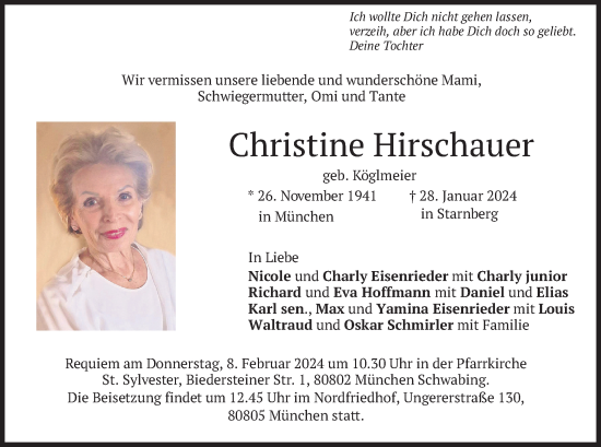 Traueranzeige von Christine Hirschauer von merkurtz