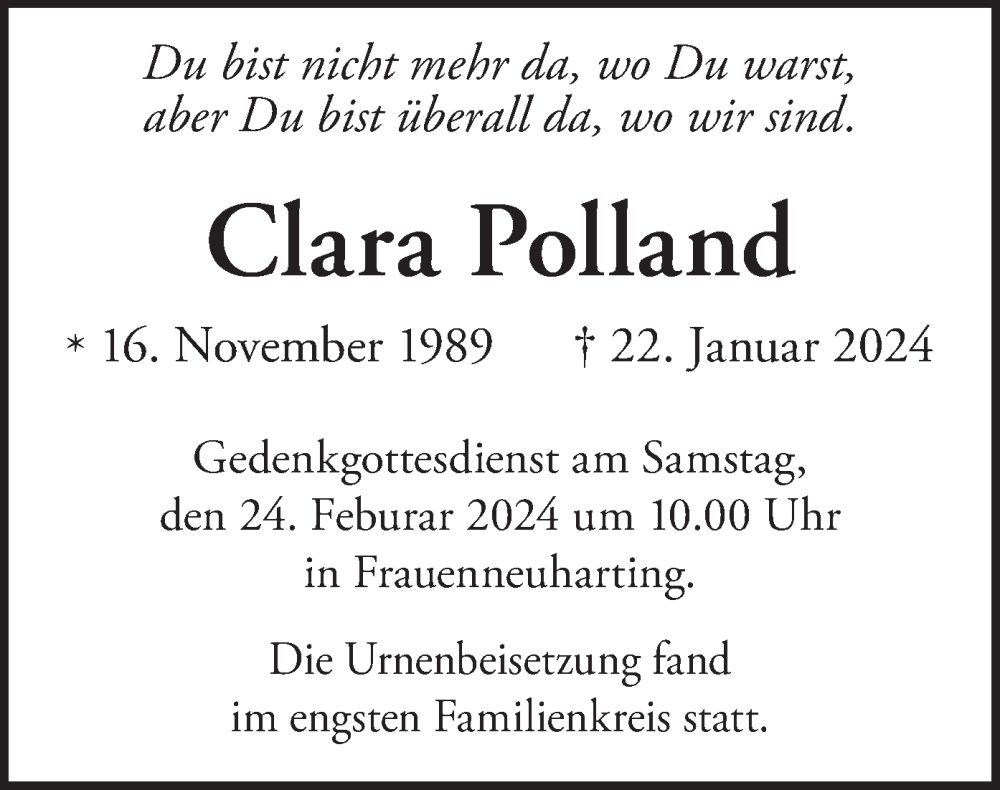 Traueranzeige für Clara Polland vom 21.02.2024 aus merkurtz
