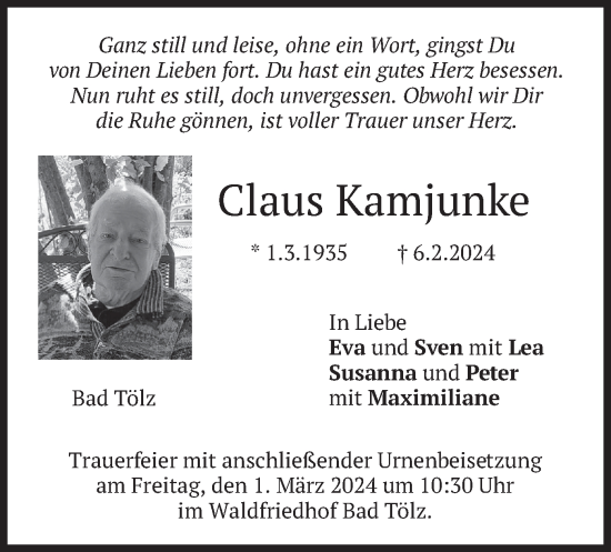 Traueranzeige von Claus Kamjunke von merkurtz