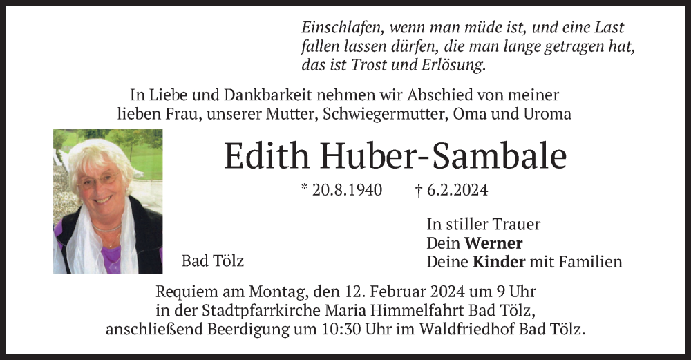  Traueranzeige für Edith Huber-Sambale vom 08.02.2024 aus merkurtz