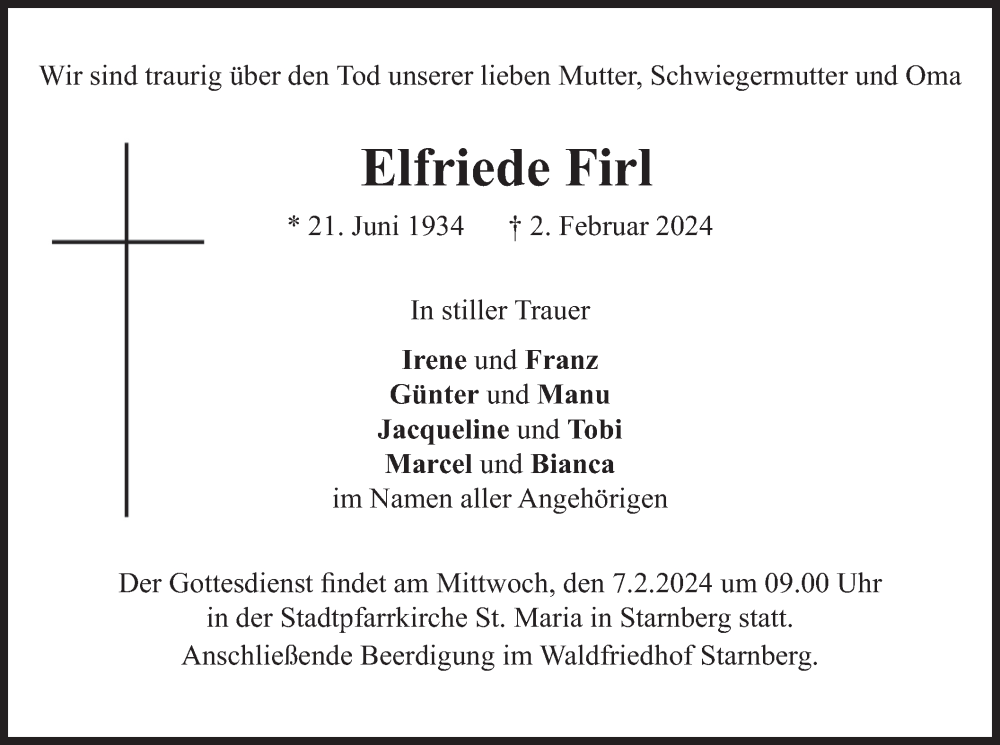  Traueranzeige für Elfriede Firl vom 03.02.2024 aus merkurtz