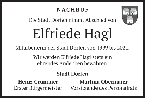 Traueranzeige von Elfriede Hagl von merkurtz