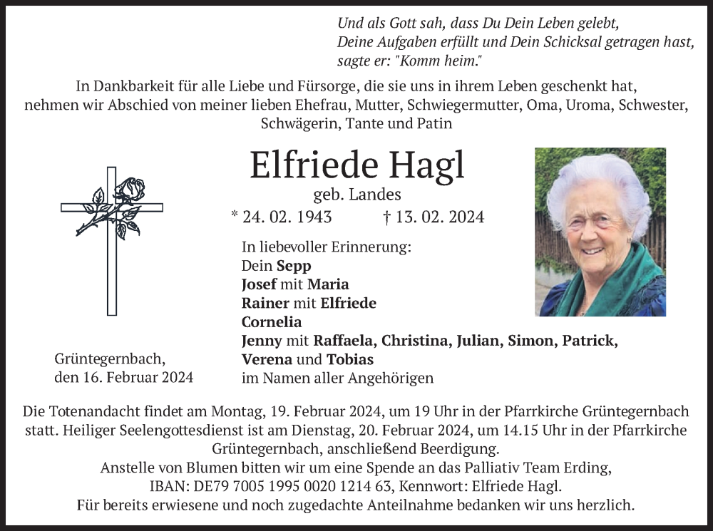  Traueranzeige für Elfriede Hagl vom 16.02.2024 aus merkurtz