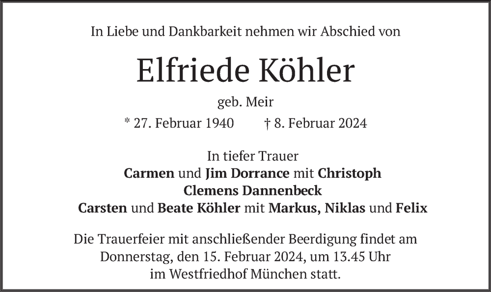  Traueranzeige für Elfriede Köhler vom 10.02.2024 aus merkurtz