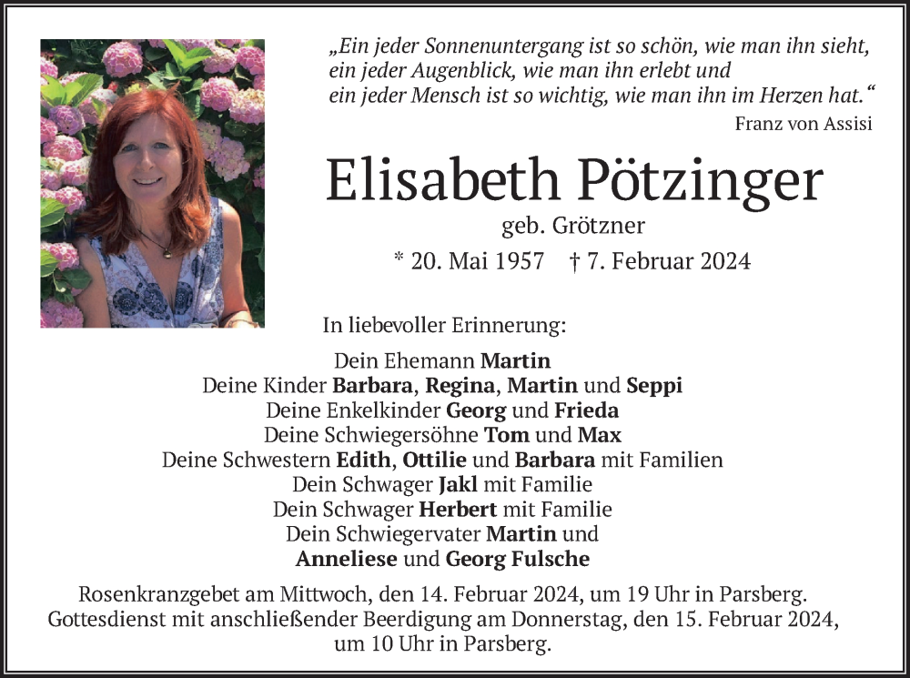  Traueranzeige für Elisabeth Pötzinger vom 10.02.2024 aus merkurtz