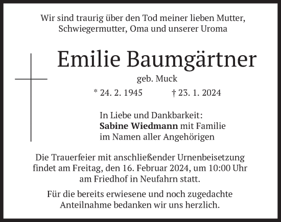 Traueranzeige von Emilie Baumgärtner von merkurtz