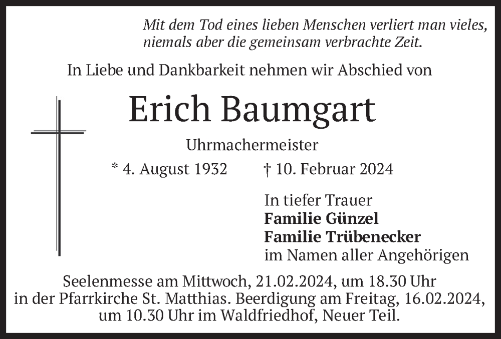  Traueranzeige für Erich Baumgart vom 14.02.2024 aus merkurtz