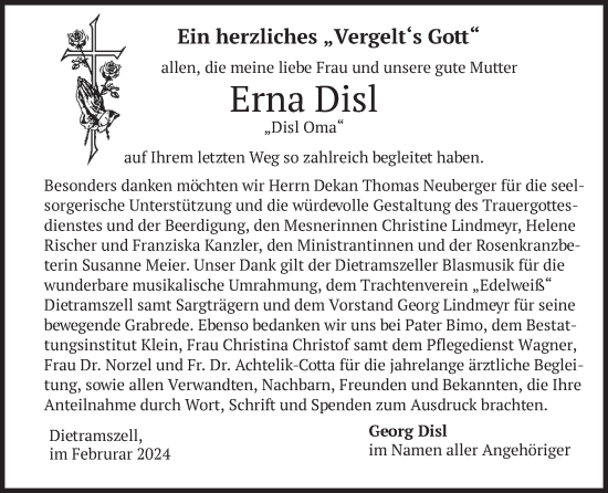 Traueranzeige von Erna Disl von merkurtz