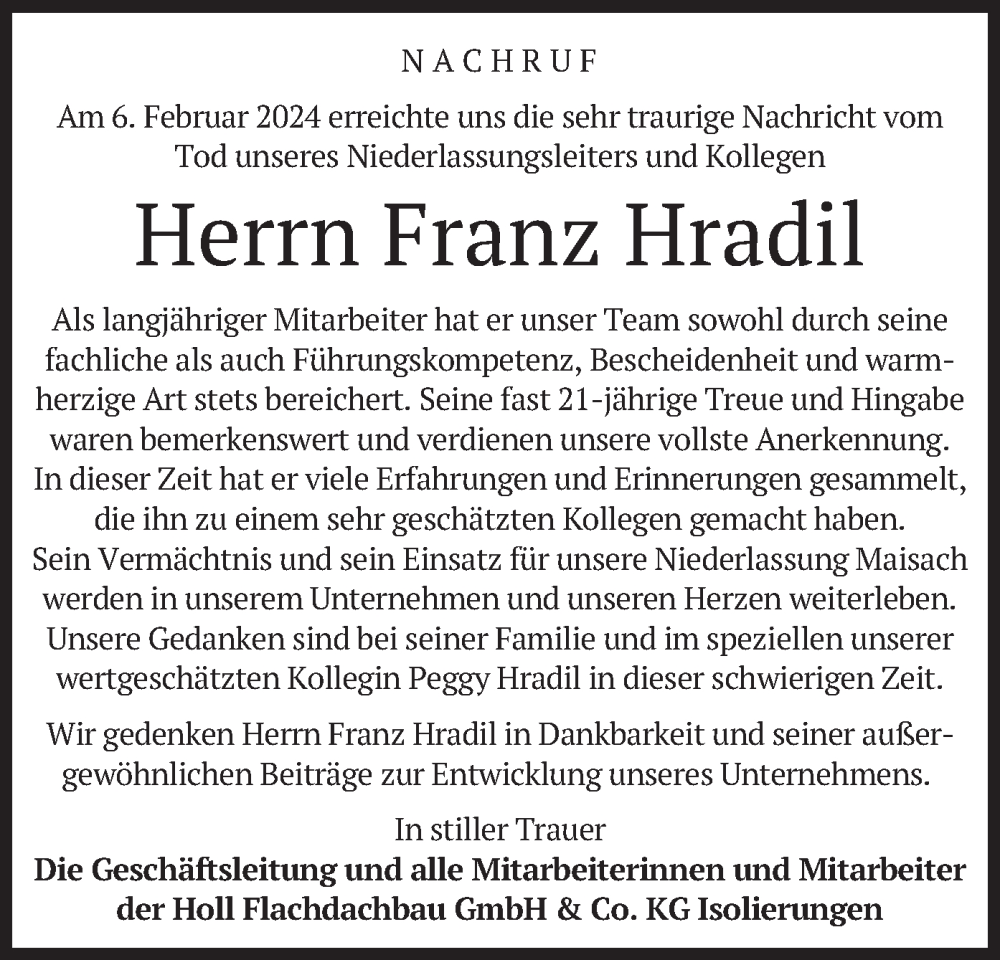  Traueranzeige für Franz Hradil vom 26.02.2024 aus merkurtz