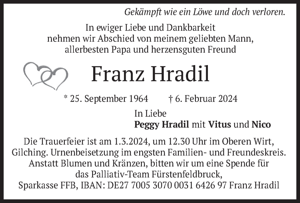  Traueranzeige für Franz Hradil vom 24.02.2024 aus merkurtz