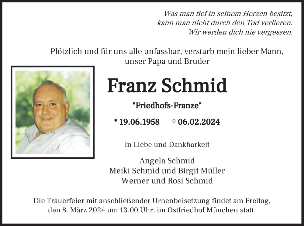  Traueranzeige für Franz Schmid vom 24.02.2024 aus merkurtz