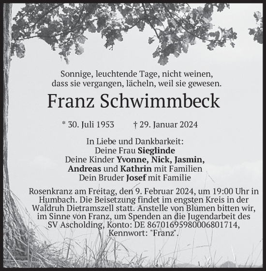 Traueranzeige von Franz Schwimmbeck von merkurtz