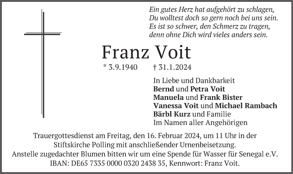  Traueranzeige für Franz Voit vom 10.02.2024 aus merkurtz