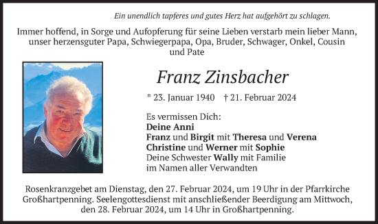 Traueranzeige von franz Zinsbacher von merkurtz