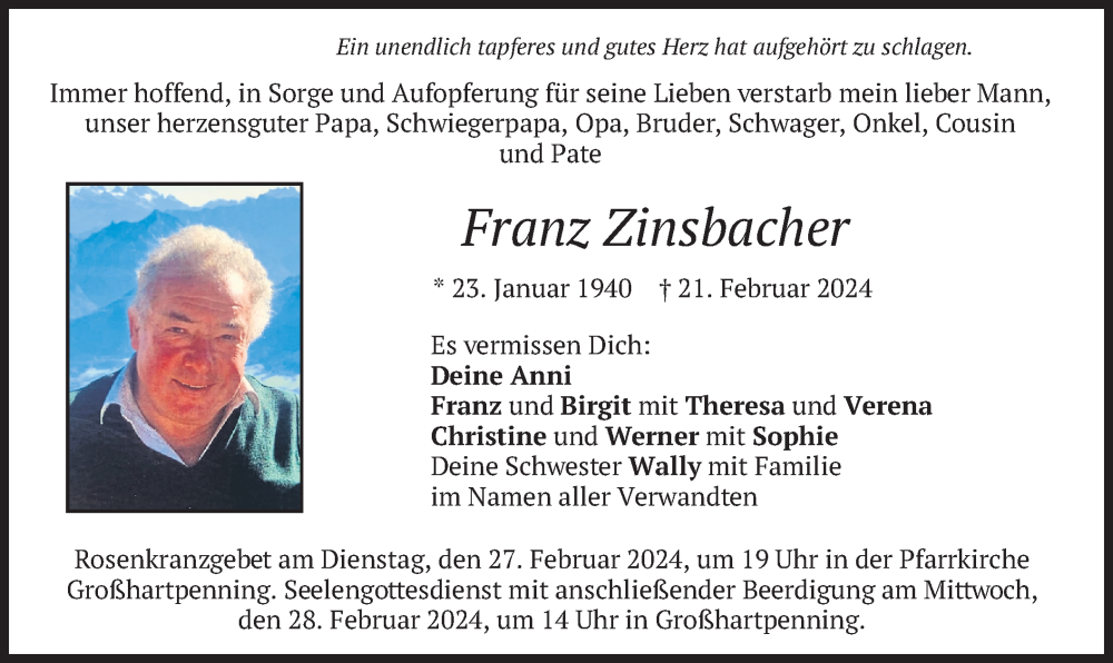  Traueranzeige für franz Zinsbacher vom 24.02.2024 aus merkurtz