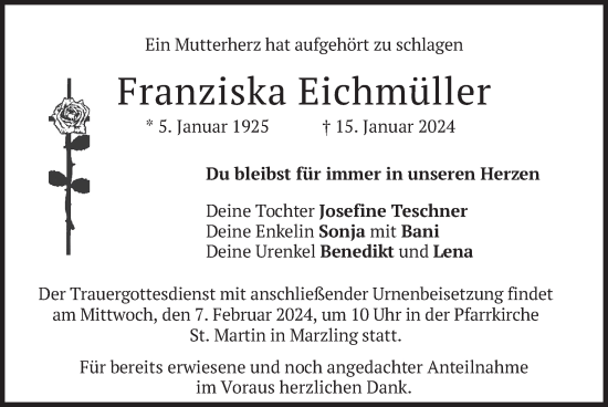 Traueranzeige von Franziska Eichmüller von merkurtz