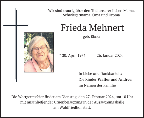 Traueranzeige von Frieda Mehnert von merkurtz