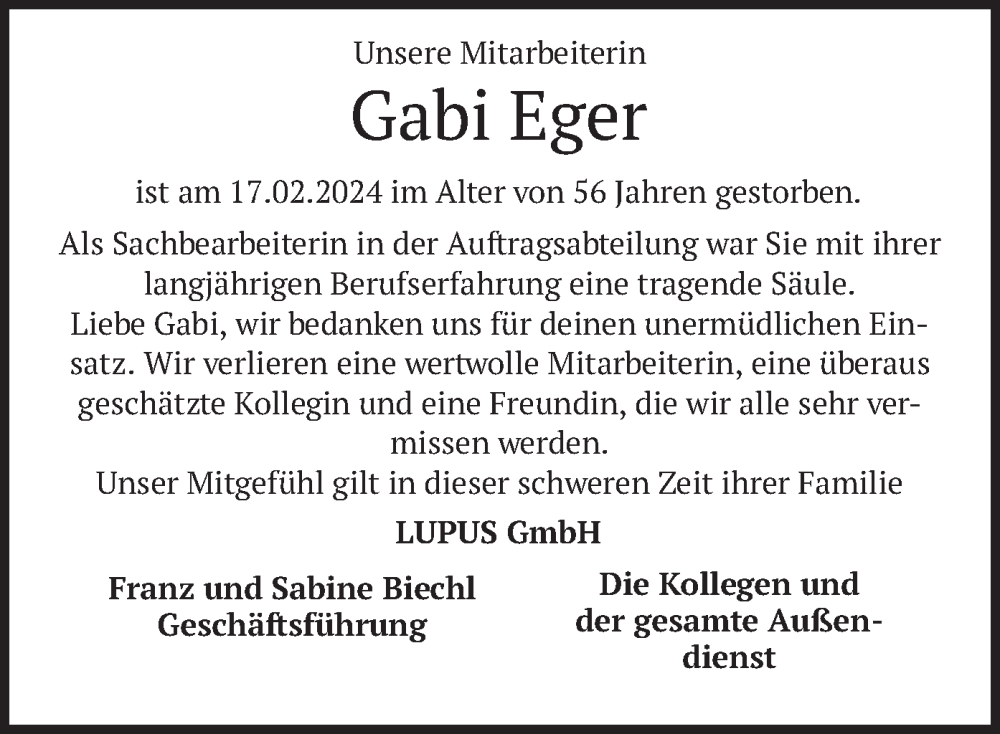  Traueranzeige für Gabi Eger vom 24.02.2024 aus merkurtz