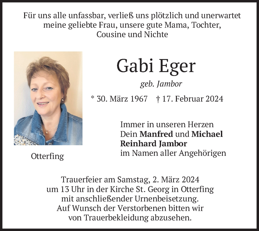  Traueranzeige für Gabi Eger vom 24.02.2024 aus merkurtz