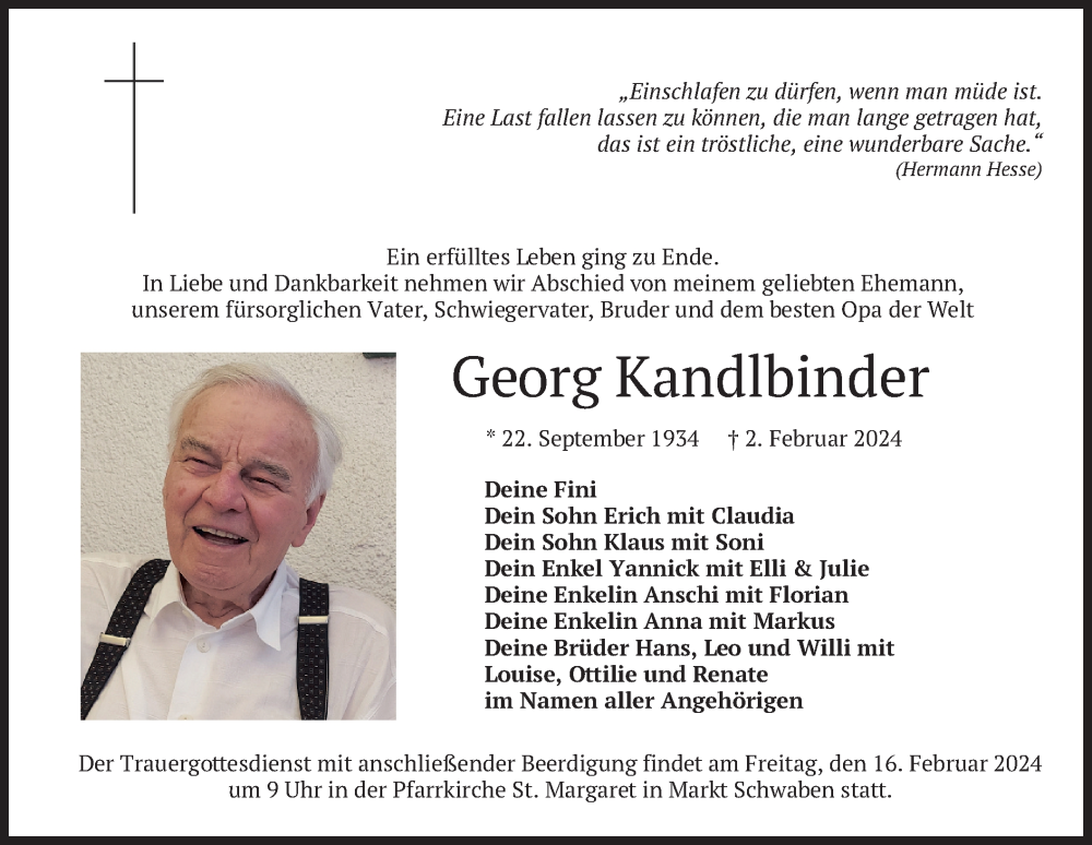  Traueranzeige für Georg Kandlbinder vom 10.02.2024 aus merkurtz