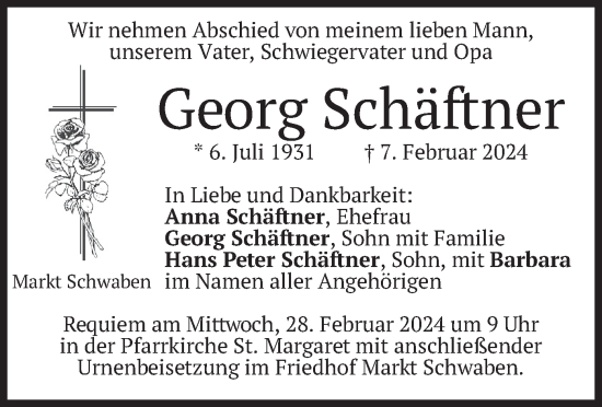 Traueranzeige von Georg Schäftner von merkurtz