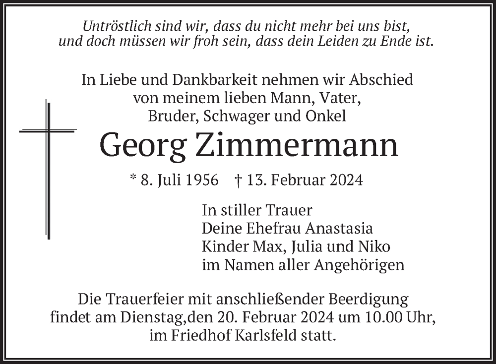  Traueranzeige für Georg Zimmermann vom 17.02.2024 aus merkurtz