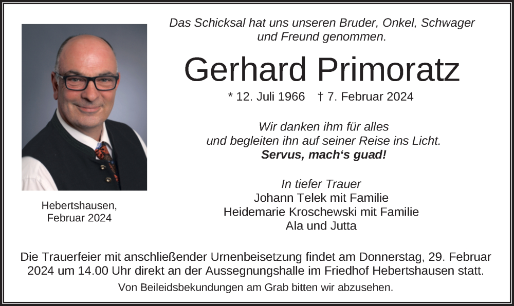  Traueranzeige für Gerhard Primoratz vom 24.02.2024 aus merkurtz