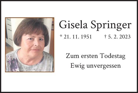 Traueranzeige von Gisela Springer von merkurtz