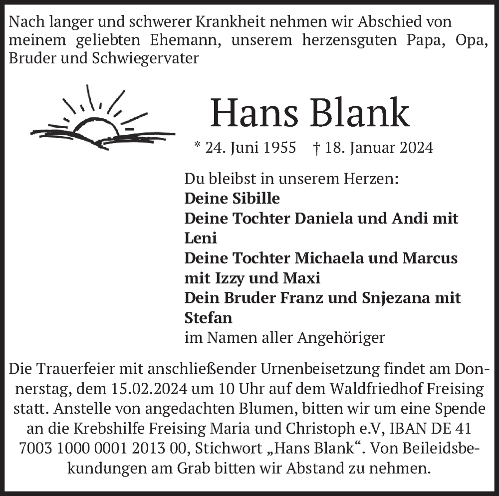  Traueranzeige für Hans Blank vom 10.02.2024 aus merkurtz