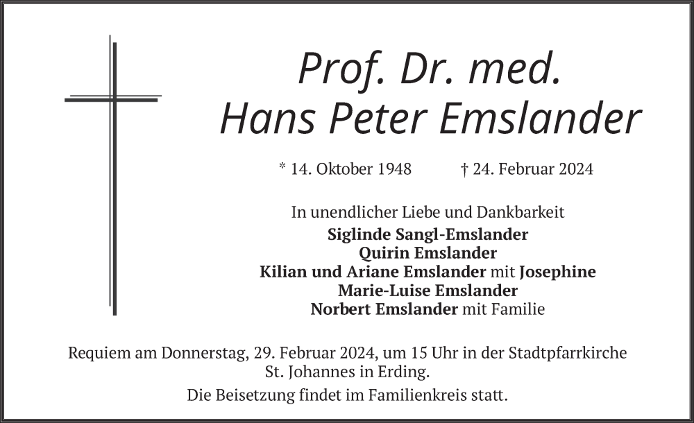  Traueranzeige für Hans Peter Emslander vom 28.02.2024 aus merkurtz