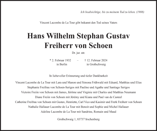 Traueranzeige von Hans Wilhelm Stephan Gustav Freiherr von Schoen von merkurtz