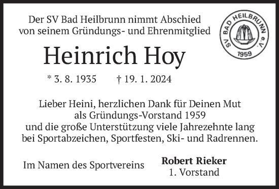 Traueranzeige von Heinrich Hoy von merkurtz