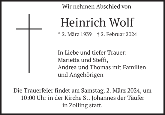 Traueranzeige von Heinrich Wolf von merkurtz
