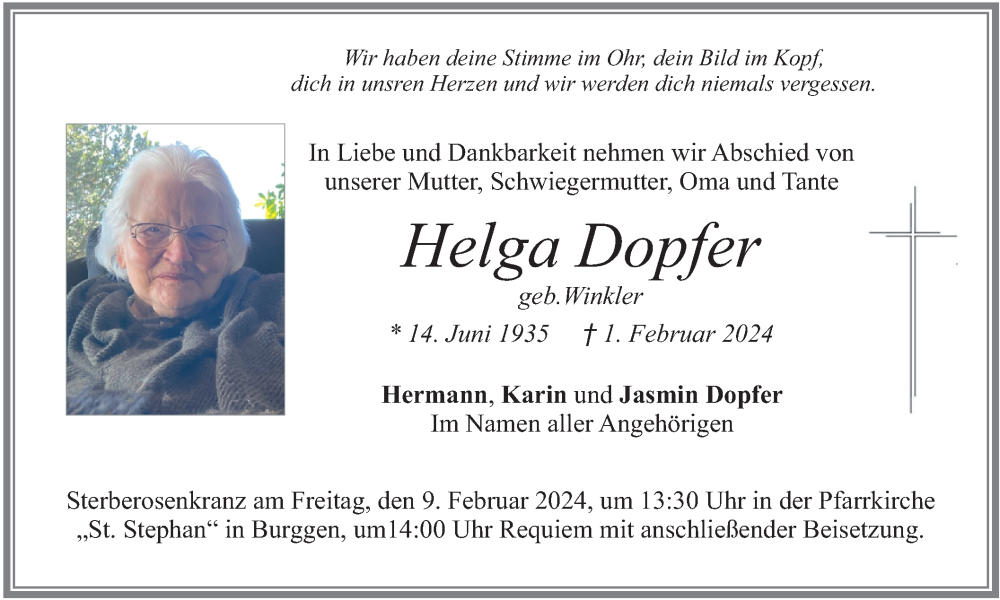  Traueranzeige für Helga Dopfer vom 06.02.2024 aus merkurtz