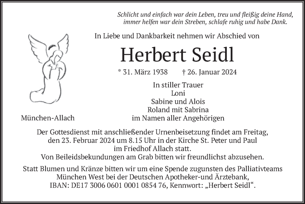  Traueranzeige für Herbert Seidl vom 17.02.2024 aus merkurtz