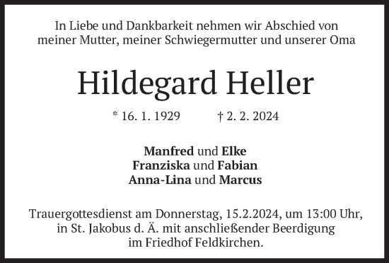 Traueranzeige von Hildegard Heller von merkurtz