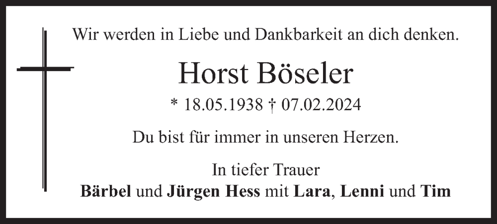  Traueranzeige für Horst Böseler vom 17.02.2024 aus merkurtz
